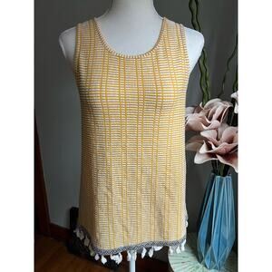 W5 Tassel Tank Top Boho Mustard Yellow & White Made in USA Size Small EUC‎